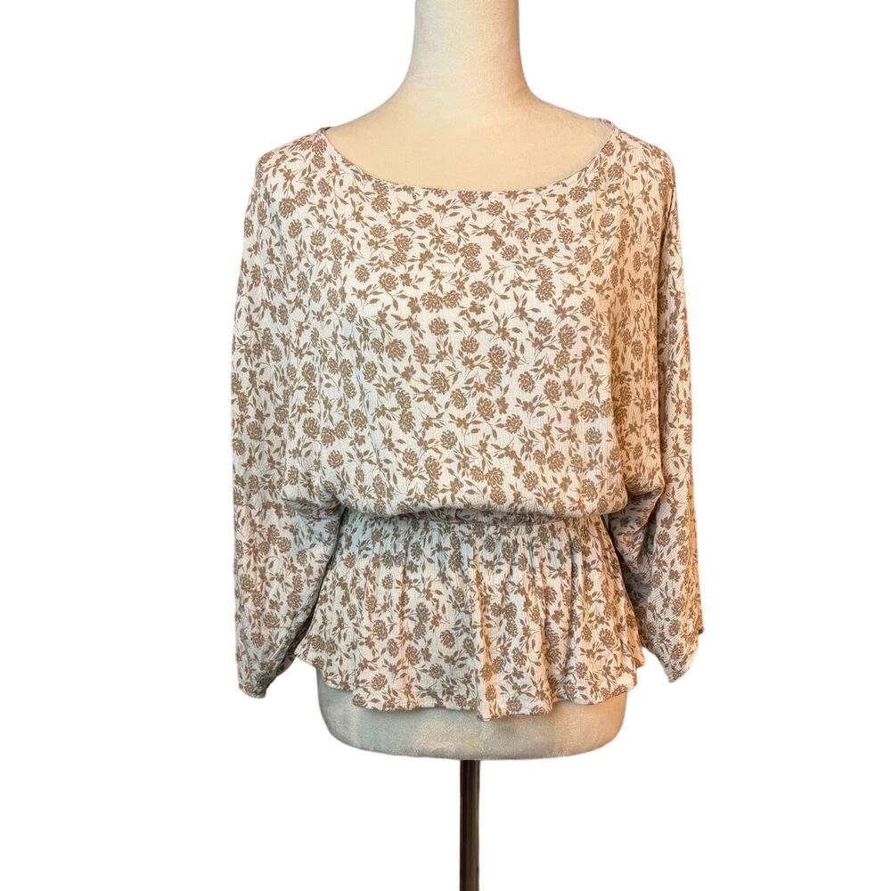 Oddi Floral Peplum Dolman Blouse Neutrals Womens Large Long Sleeve Scoopneck
